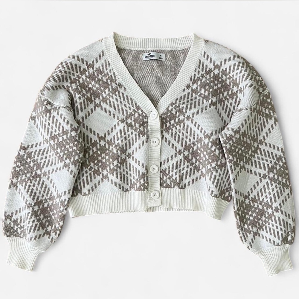 Hollister Cream and Brown Plaid Cropped Cardigan Sweater